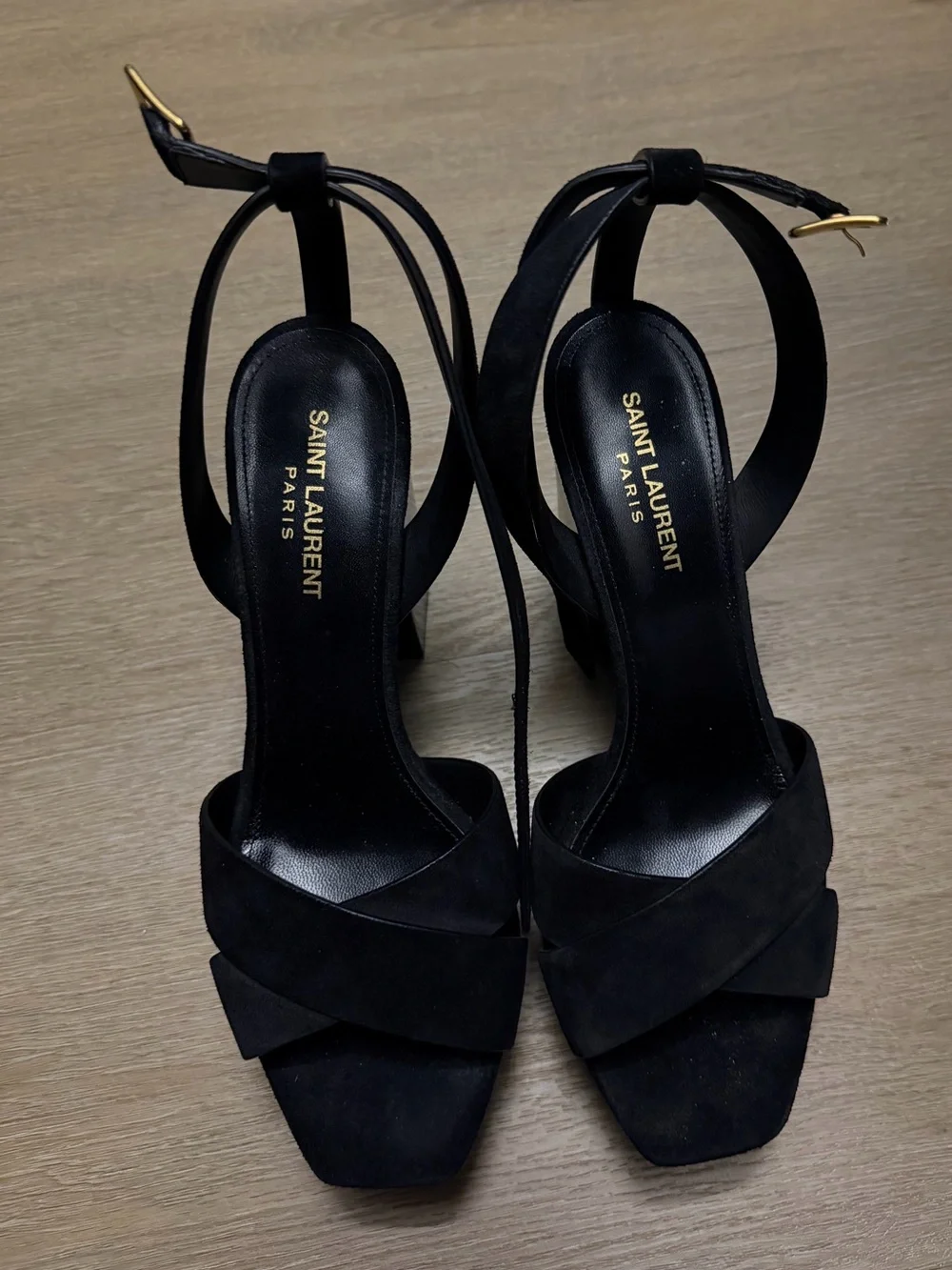 Saint Laurent Black Suede Platform Block Heel Sandals with Ankle Tie - Picture 2 of 3
